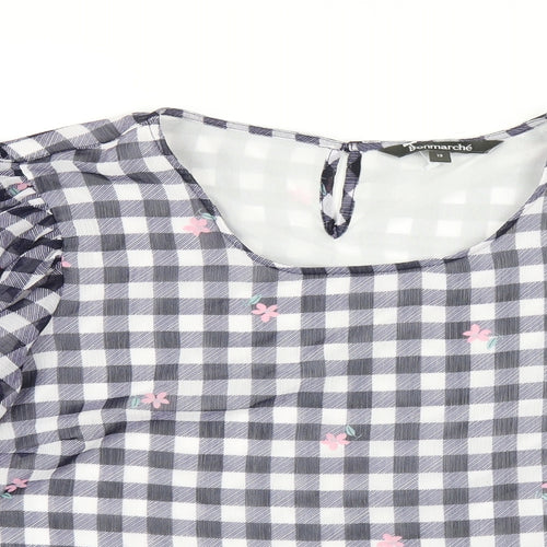 Bonmarché Womens Blue Check Polyester Basic T-Shirt Size 12 Round Neck