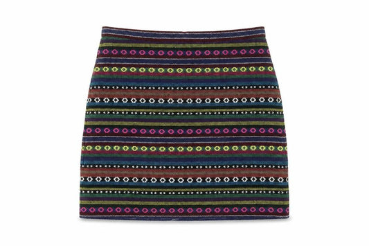 Front view of Topshop women’s multicoloured geometric polyester a-line skirt, size UK 12, zip