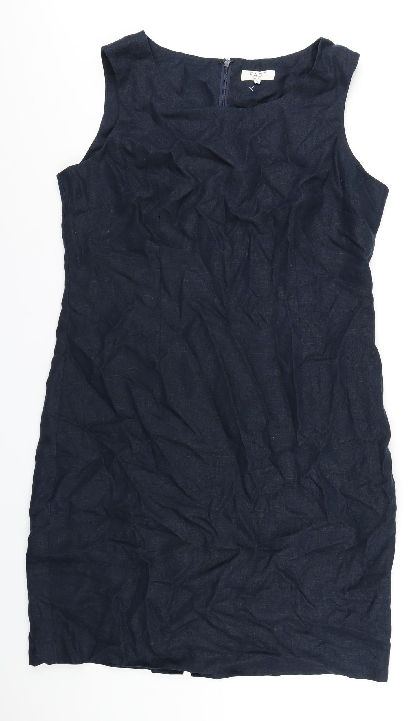 EAST Womens Blue Linen A-Line Size 18 Round Neck Zip