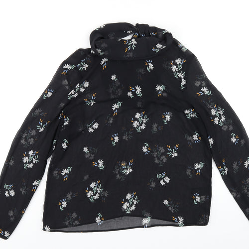 Marks and Spencer Womens Black Floral Polyester Basic Blouse Size 12 Mock Neck