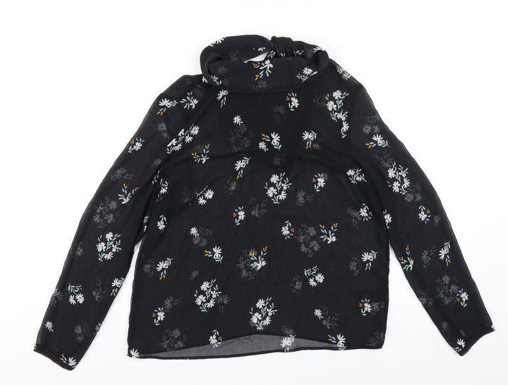 Marks and Spencer Womens Black Floral Polyester Basic Blouse Size 12 Mock Neck