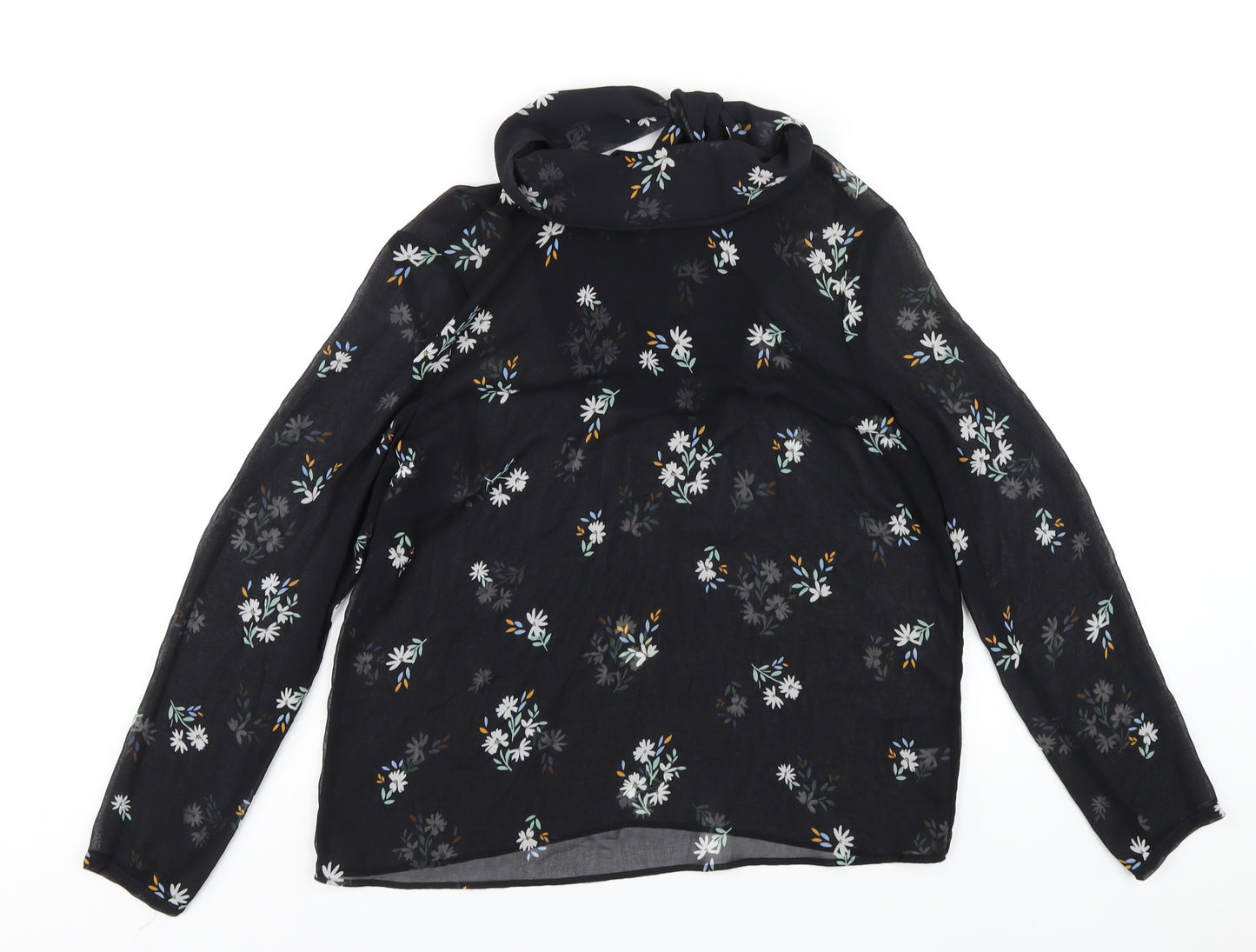 Marks and Spencer Womens Black Floral Polyester Basic Blouse Size 12 Mock Neck