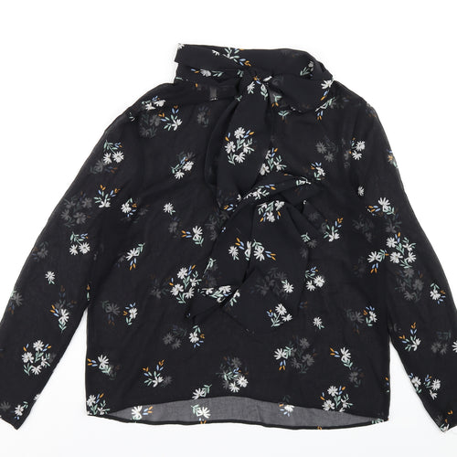 Marks and Spencer Womens Black Floral Polyester Basic Blouse Size 12 Mock Neck
