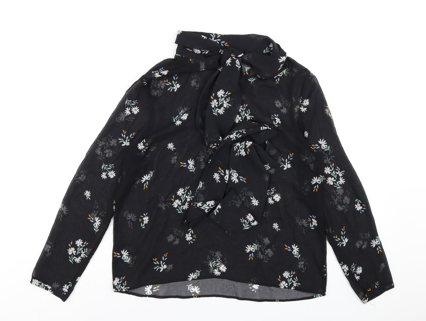 Marks and Spencer Womens Black Floral Polyester Basic Blouse Size 12 Mock Neck