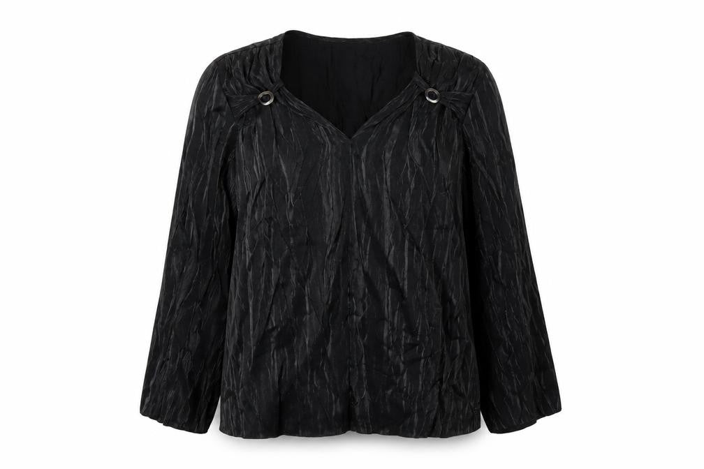 Front view of Simonton Says women’s black viscose basic t-shirt, size L, v-neck