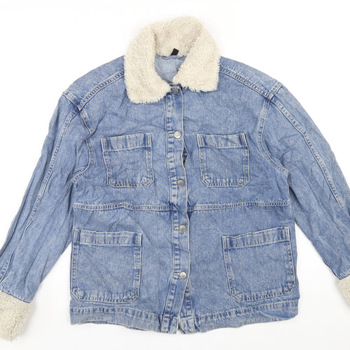 H&M Womens Blue Jacket Size XS Button - Fur Trim