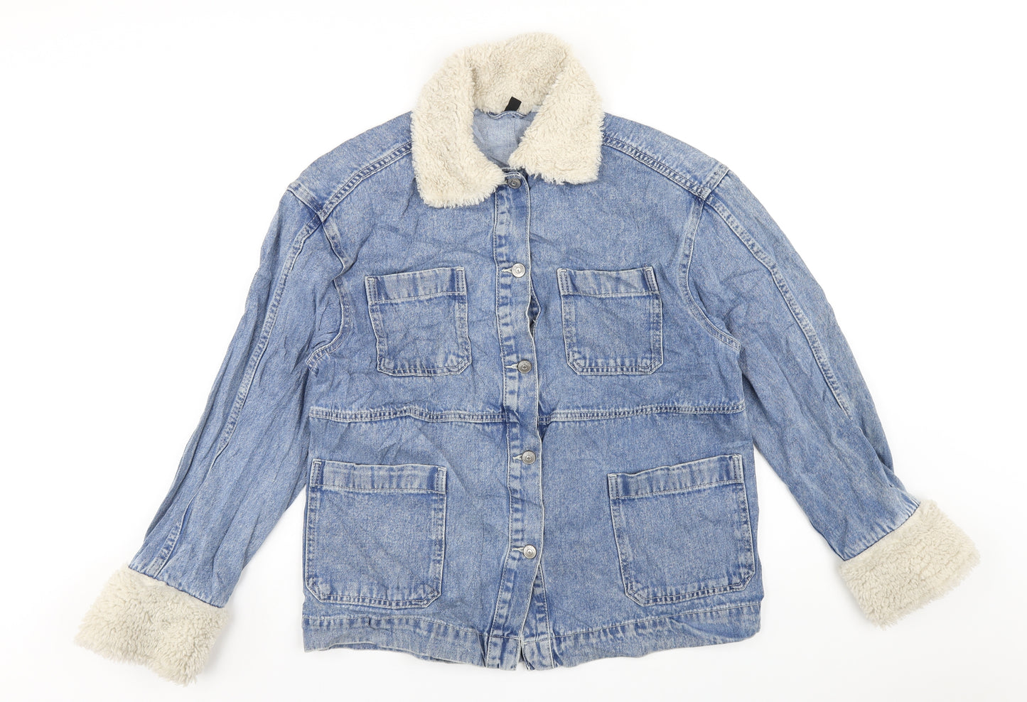 H&M Womens Blue Jacket Size XS Button - Fur Trim