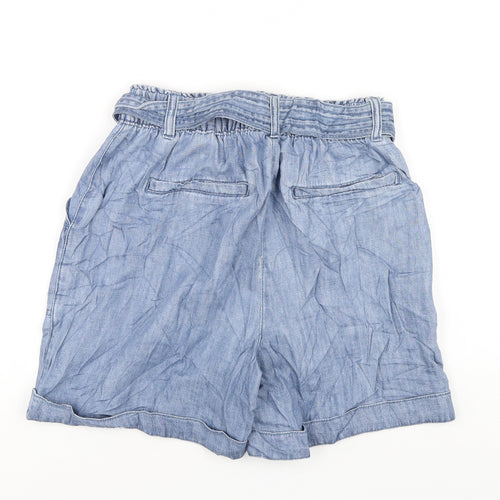 Marks and Spencer Womens Blue Cotton Paperbag Shorts Size 8 L5 in Regular Zip