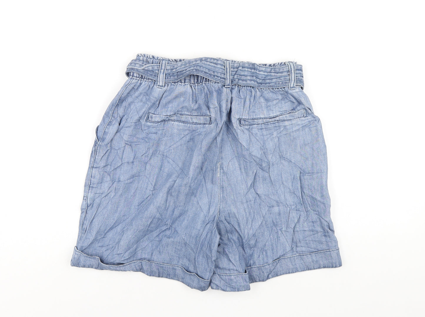 Marks and Spencer Womens Blue Cotton Paperbag Shorts Size 8 L5 in Regular Zip