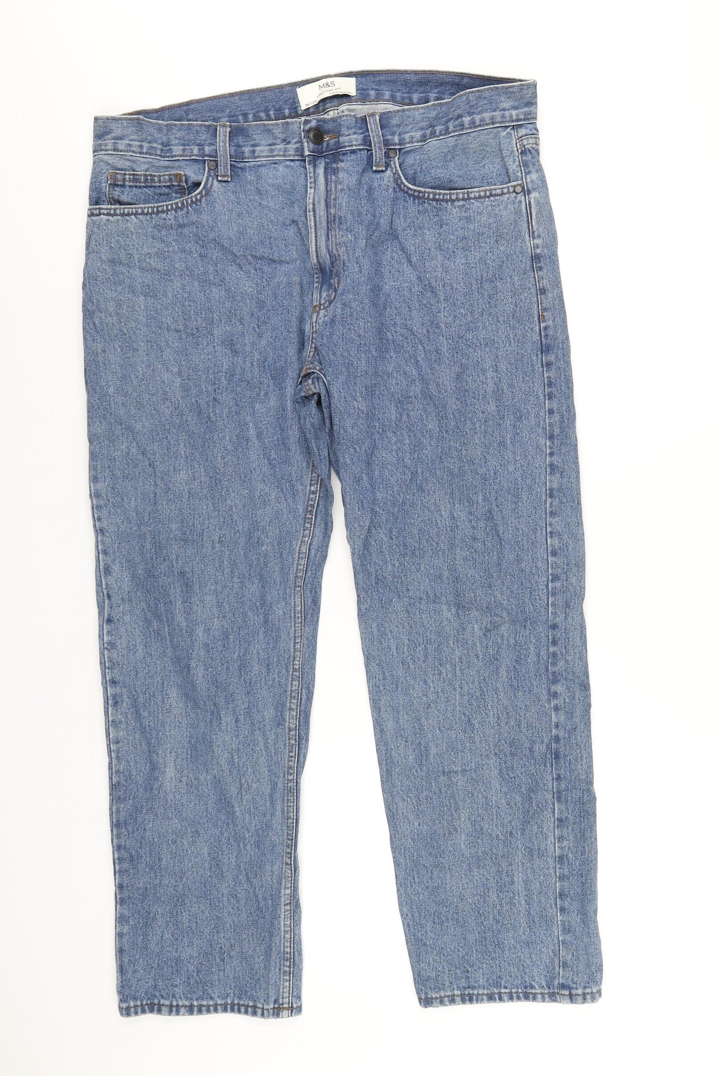 Marks and Spencer Mens Blue Cotton Straight Jeans Size 36 in L29 in Regular Zip