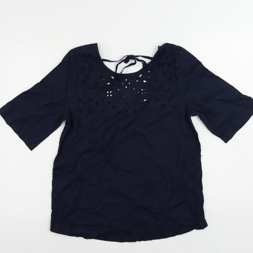 Marks and Spencer Womens Blue Linen Basic Blouse Size 8 Round Neck - Broderie Anglaise