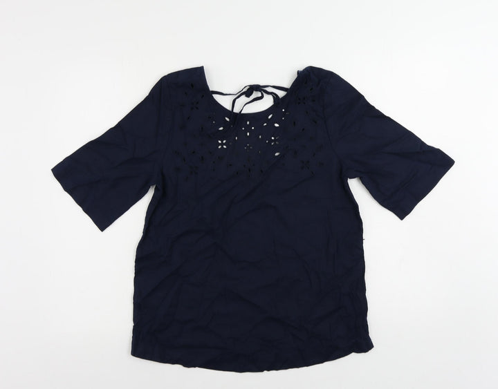 Marks and Spencer Womens Blue Linen Basic Blouse Size 8 Round Neck - Broderie Anglaise