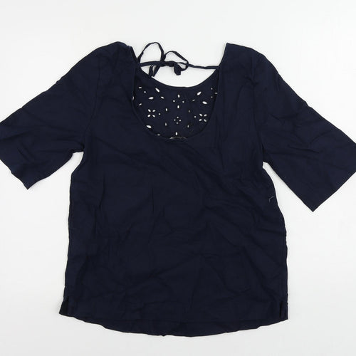 Marks and Spencer Womens Blue Linen Basic Blouse Size 8 Round Neck - Broderie Anglaise