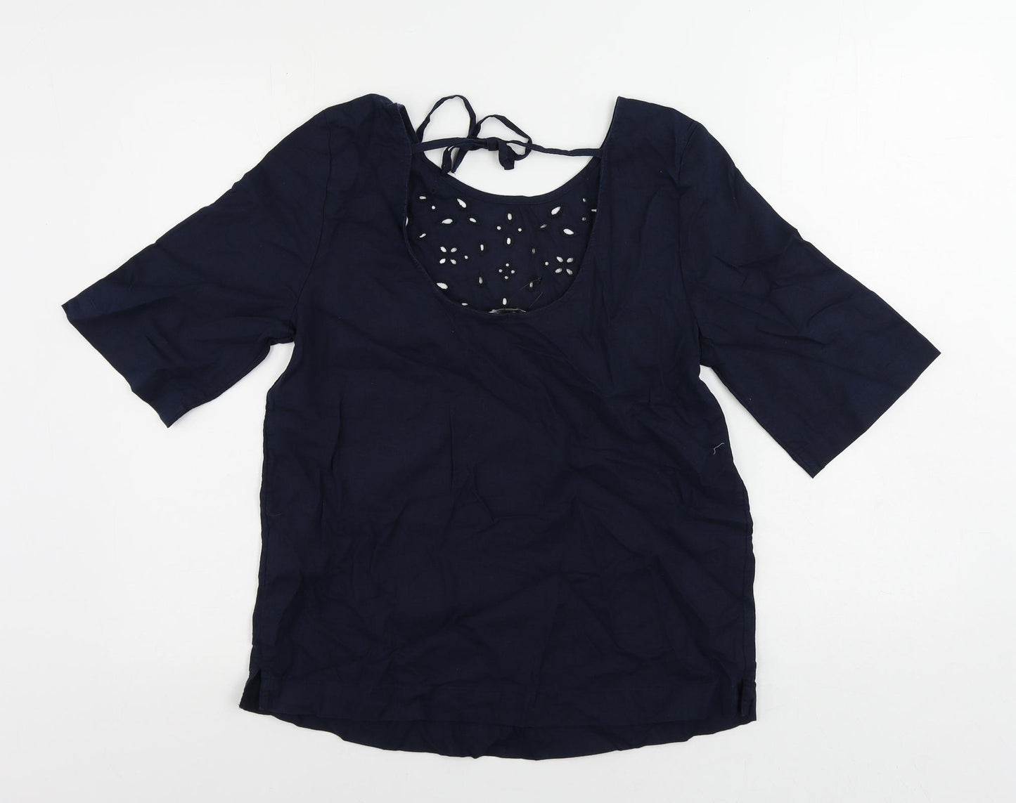 Marks and Spencer Womens Blue Linen Basic Blouse Size 8 Round Neck - Broderie Anglaise