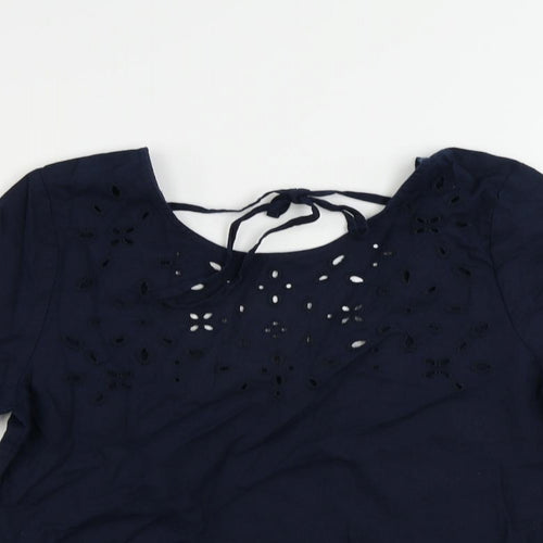 Marks and Spencer Womens Blue Linen Basic Blouse Size 8 Round Neck - Broderie Anglaise