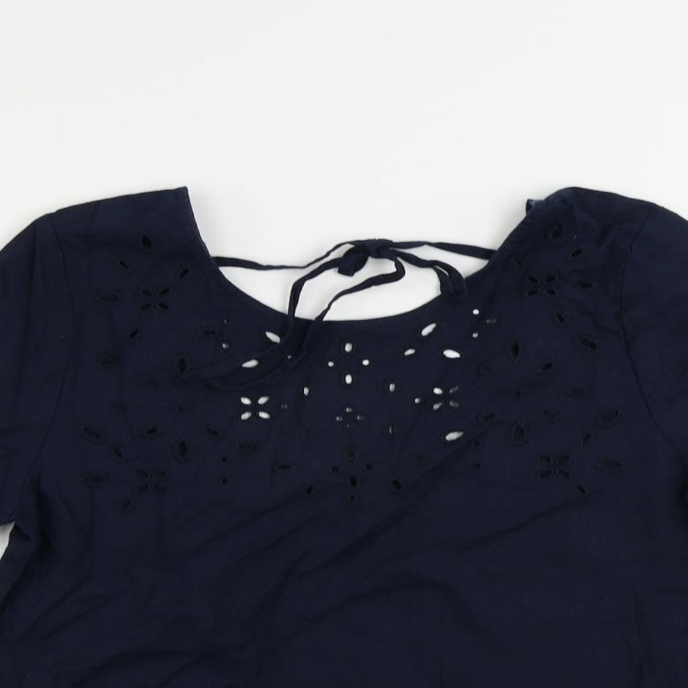 Marks and Spencer Womens Blue Linen Basic Blouse Size 8 Round Neck - Broderie Anglaise