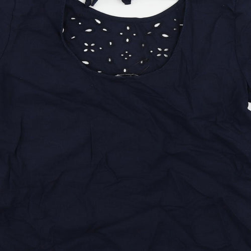 Marks and Spencer Womens Blue Linen Basic Blouse Size 8 Round Neck - Broderie Anglaise