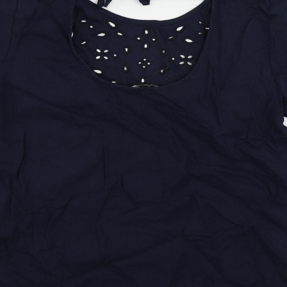 Marks and Spencer Womens Blue Linen Basic Blouse Size 8 Round Neck - Broderie Anglaise