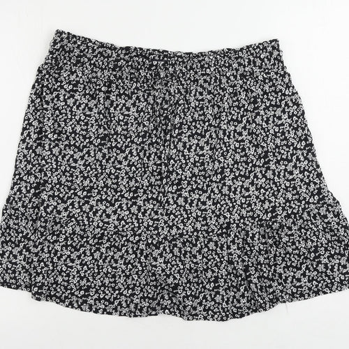 Marks and Spencer Womens Black Floral Cotton Mini Skirt Size 16 Drawstring - Adjustable Waist