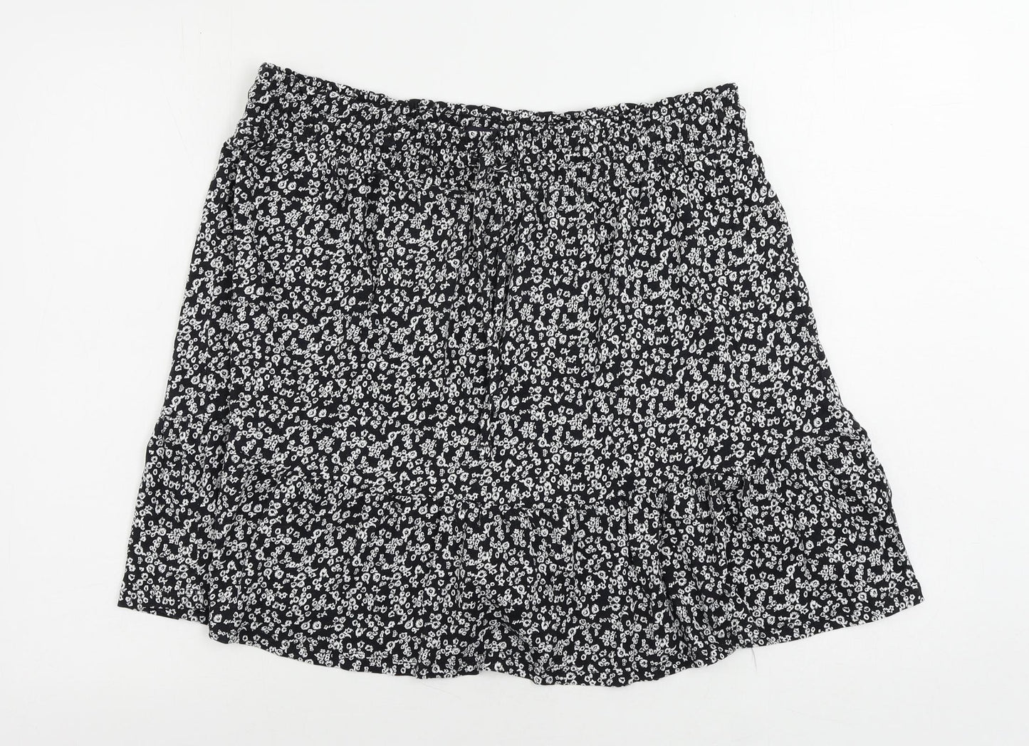 Marks and Spencer Womens Black Floral Cotton Mini Skirt Size 16 Drawstring - Adjustable Waist