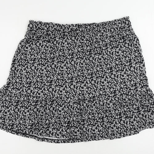 Marks and Spencer Womens Black Floral Cotton Mini Skirt Size 16 Drawstring - Adjustable Waist