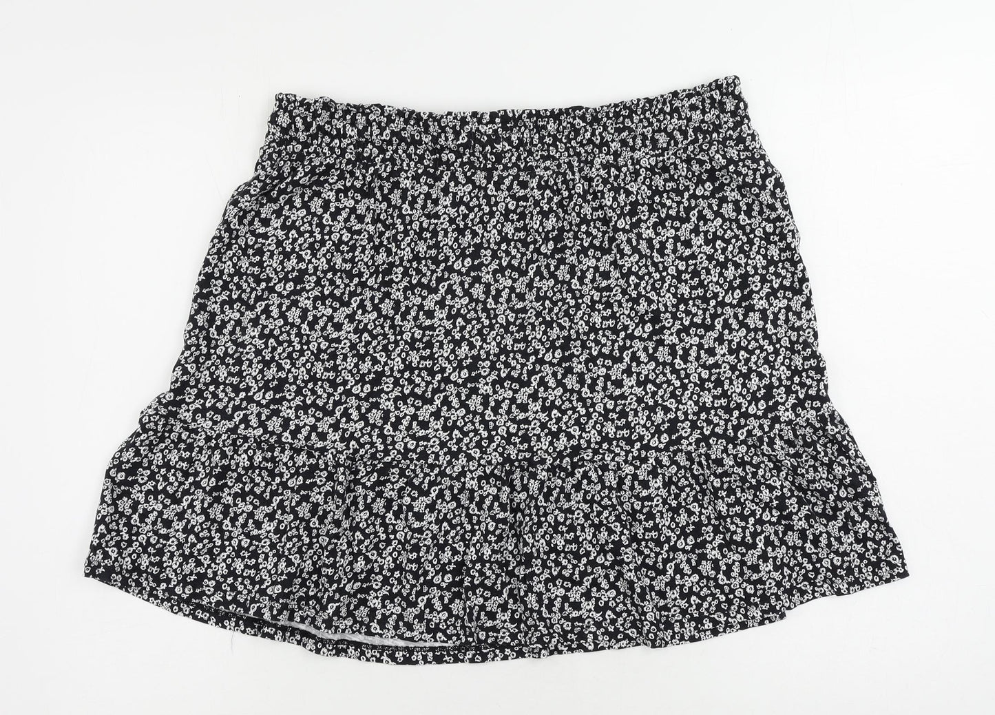 Marks and Spencer Womens Black Floral Cotton Mini Skirt Size 16 Drawstring - Adjustable Waist