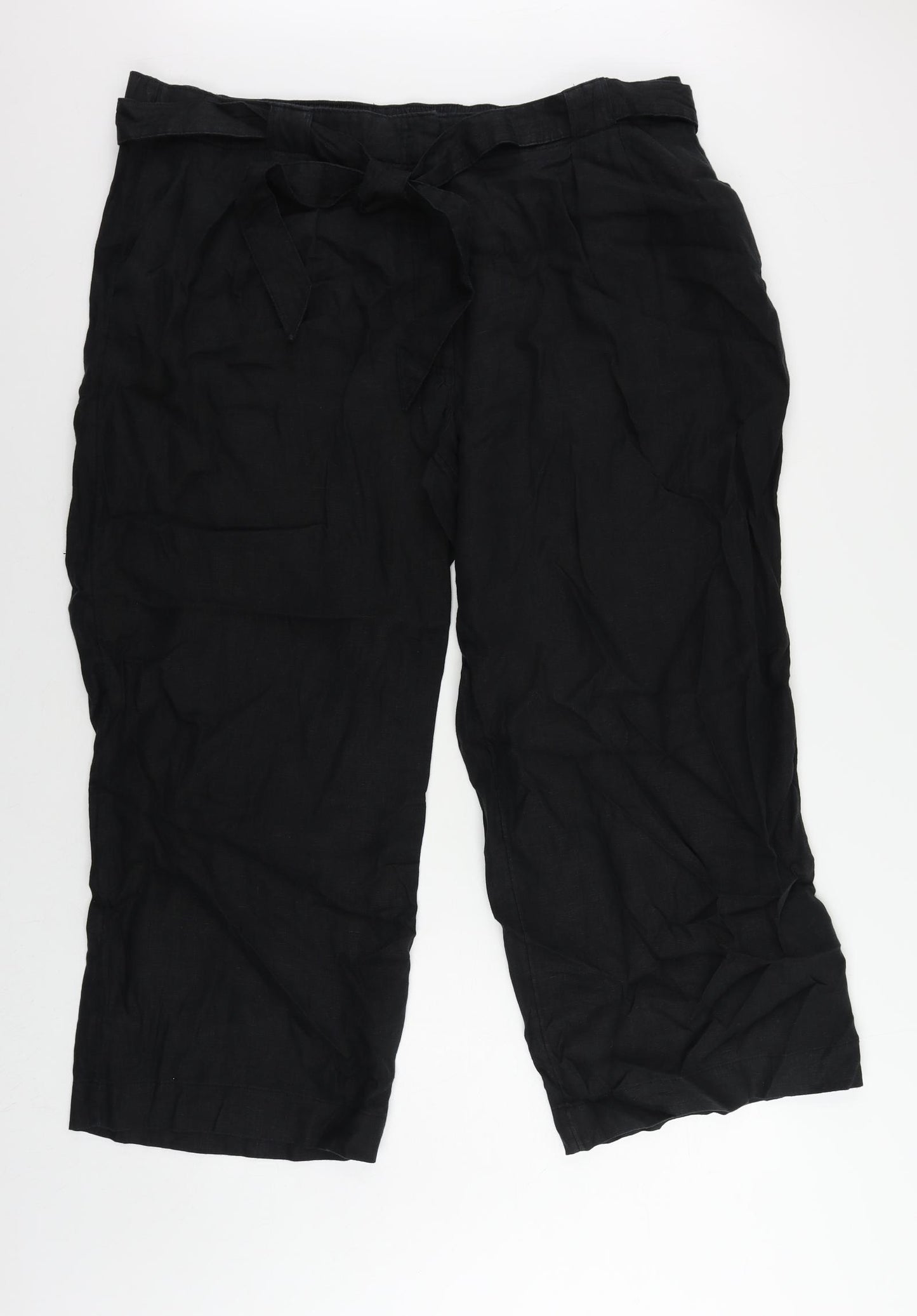 Marks and Spencer Womens Black Linen Trousers Size 22 L26 in Regular Zip - Belted