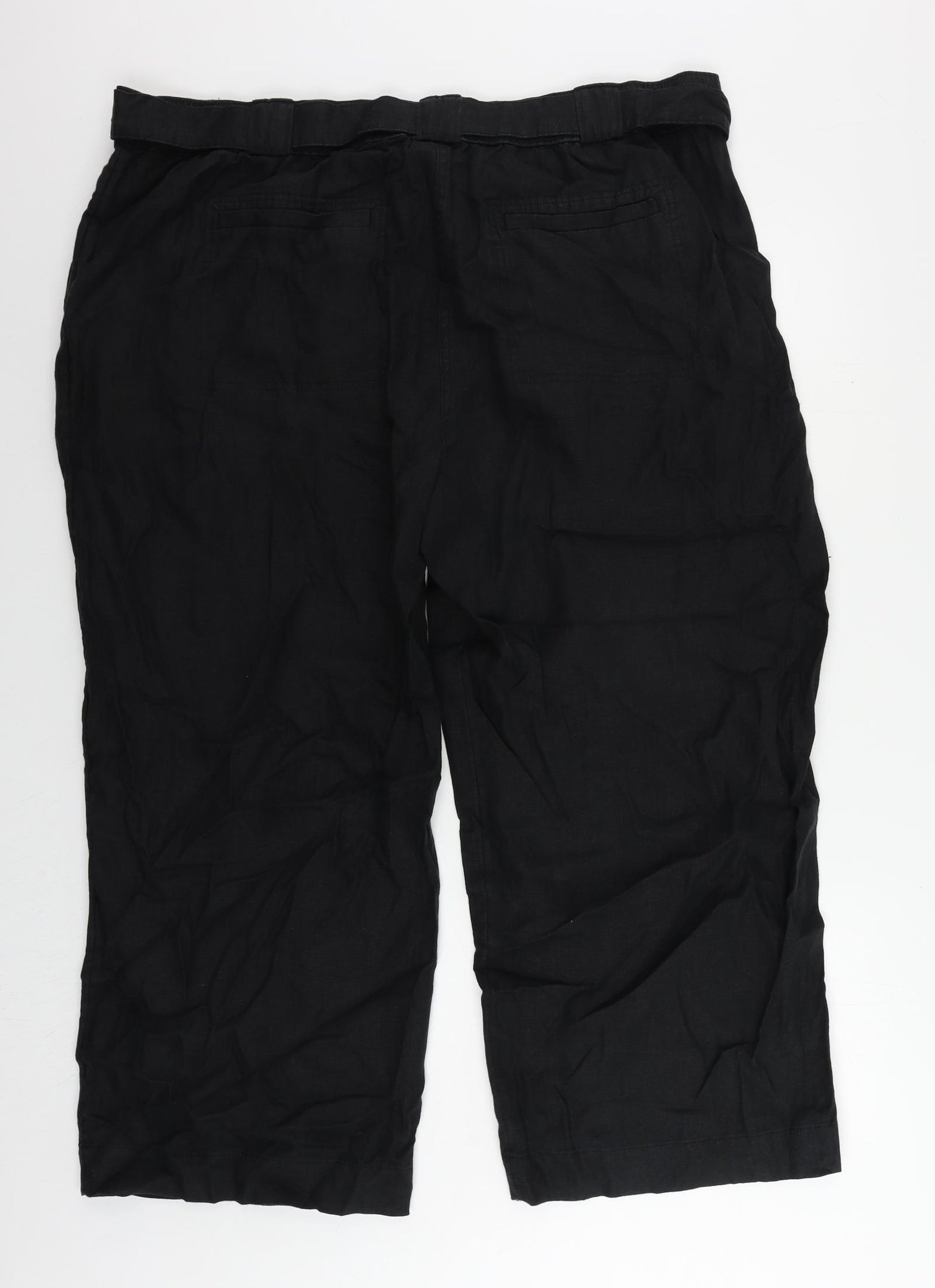 Marks and Spencer Womens Black Linen Trousers Size 22 L26 in Regular Zip - Belted