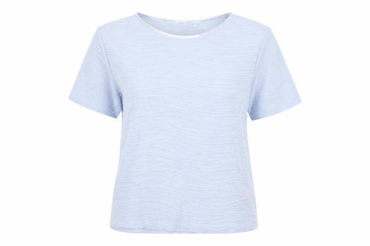 Front view of EWM women’s blue polyester basic t-shirt, size S, round neck - textured