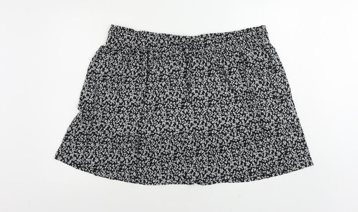 Marks and Spencer Womens Black Floral Cotton Mini Skirt Size 22 Drawstring