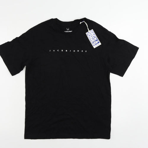 JACK & JONES Boys Black Cotton Pullover T-Shirt Size 14 Years Crew Neck Pullover - Logo
