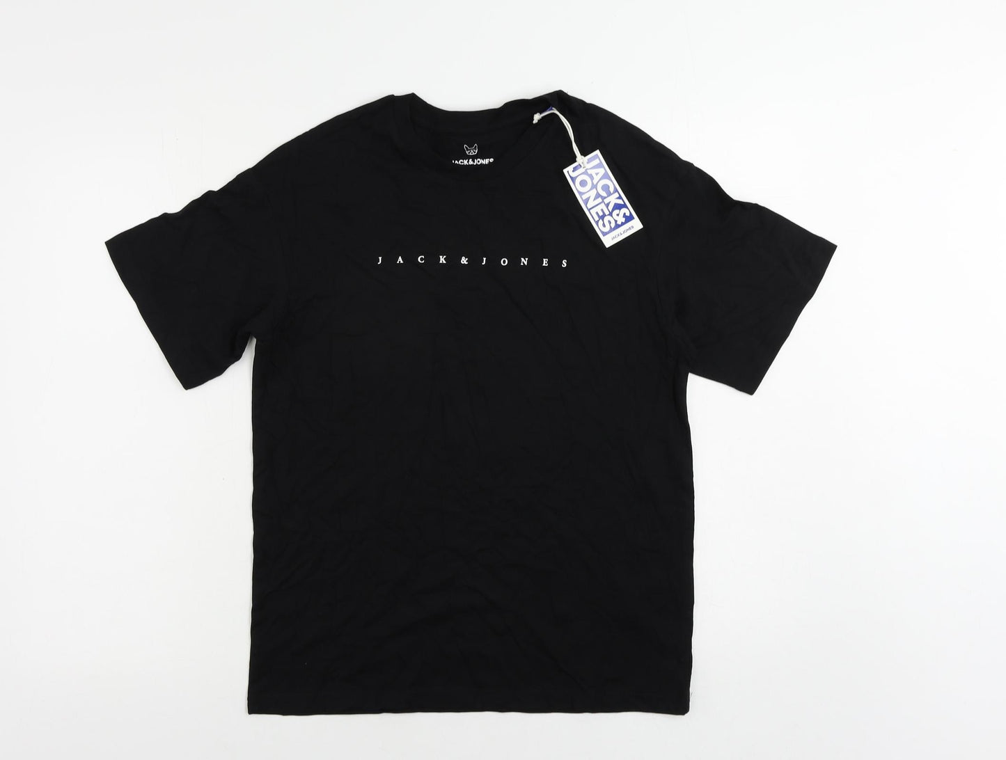 JACK & JONES Boys Black Cotton Pullover T-Shirt Size 14 Years Crew Neck Pullover - Logo