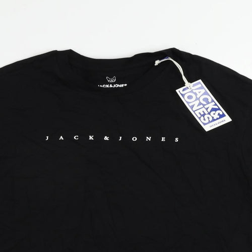 JACK & JONES Boys Black Cotton Pullover T-Shirt Size 14 Years Crew Neck Pullover - Logo