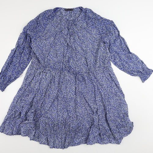 Marks and Spencer Womens Blue Floral Cotton Skater Dress Size 14 Round Neck Drawstring