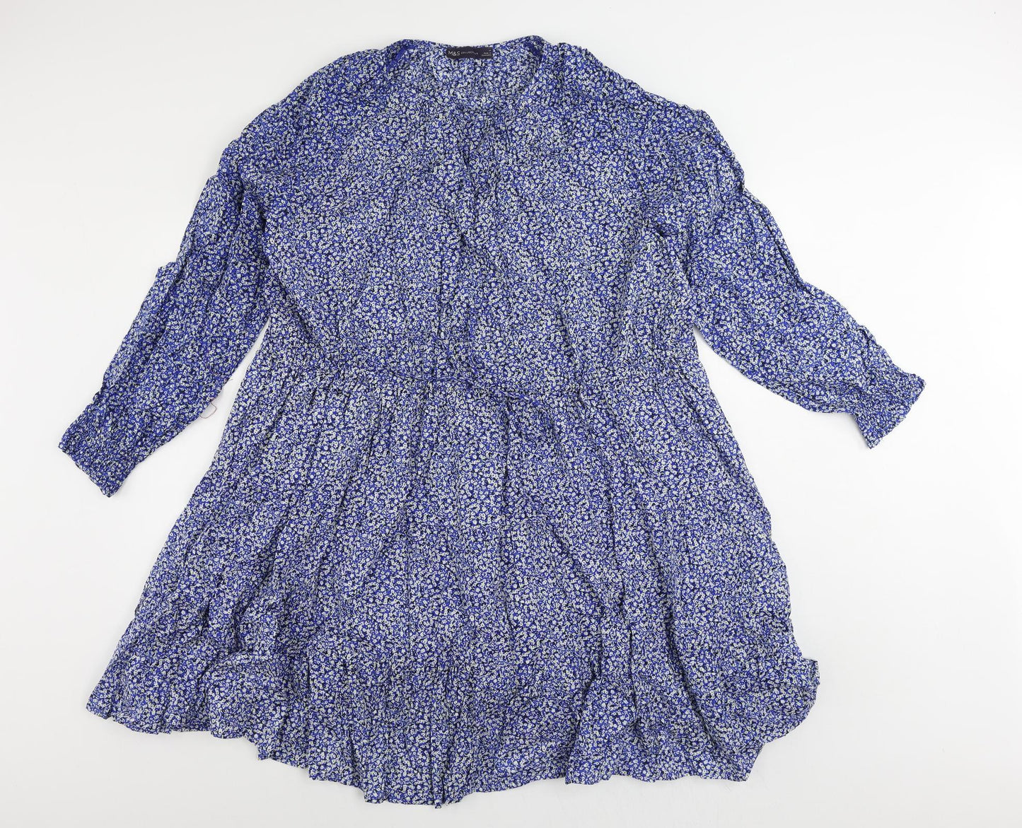 Marks and Spencer Womens Blue Floral Cotton Skater Dress Size 14 Round Neck Drawstring