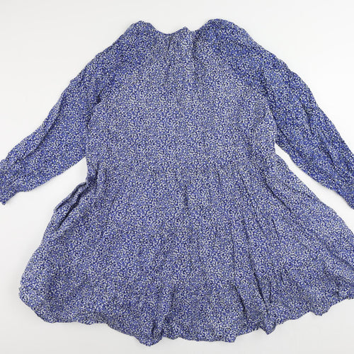Marks and Spencer Womens Blue Floral Cotton Skater Dress Size 14 Round Neck Drawstring