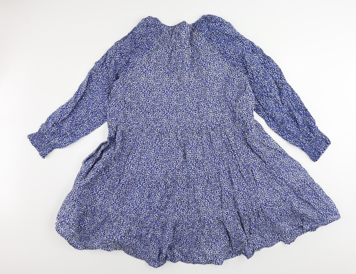 Marks and Spencer Womens Blue Floral Cotton Skater Dress Size 14 Round Neck Drawstring