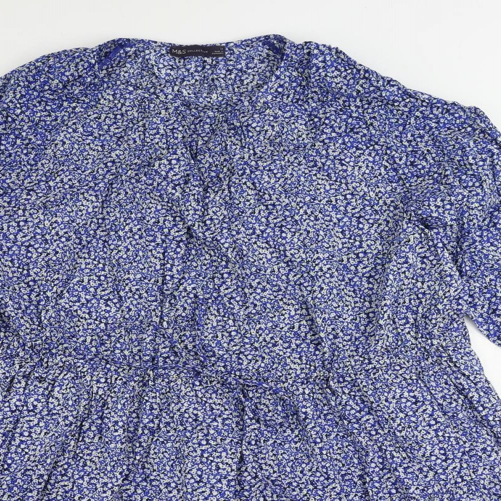 Marks and Spencer Womens Blue Floral Cotton Skater Dress Size 14 Round Neck Drawstring