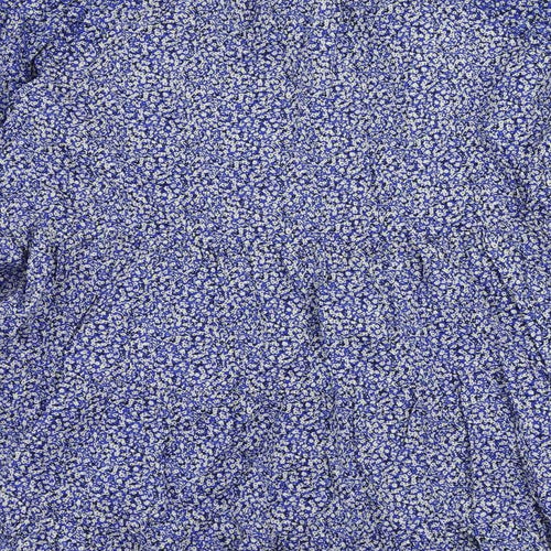Marks and Spencer Womens Blue Floral Cotton Skater Dress Size 14 Round Neck Drawstring