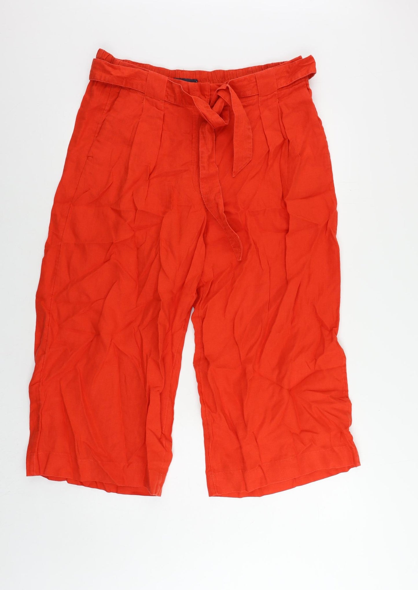 Marks and Spencer Womens Red Linen Cropped Trousers Size 16 L22 in Regular Zip - Belted