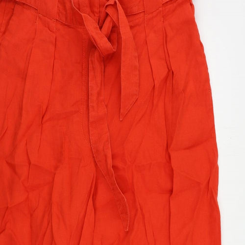 Marks and Spencer Womens Red Linen Cropped Trousers Size 16 L22 in Regular Zip - Belted