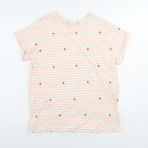 Per Una Womens Pink Striped Cotton Basic T-Shirt Size 12 Round Neck - Embroidered