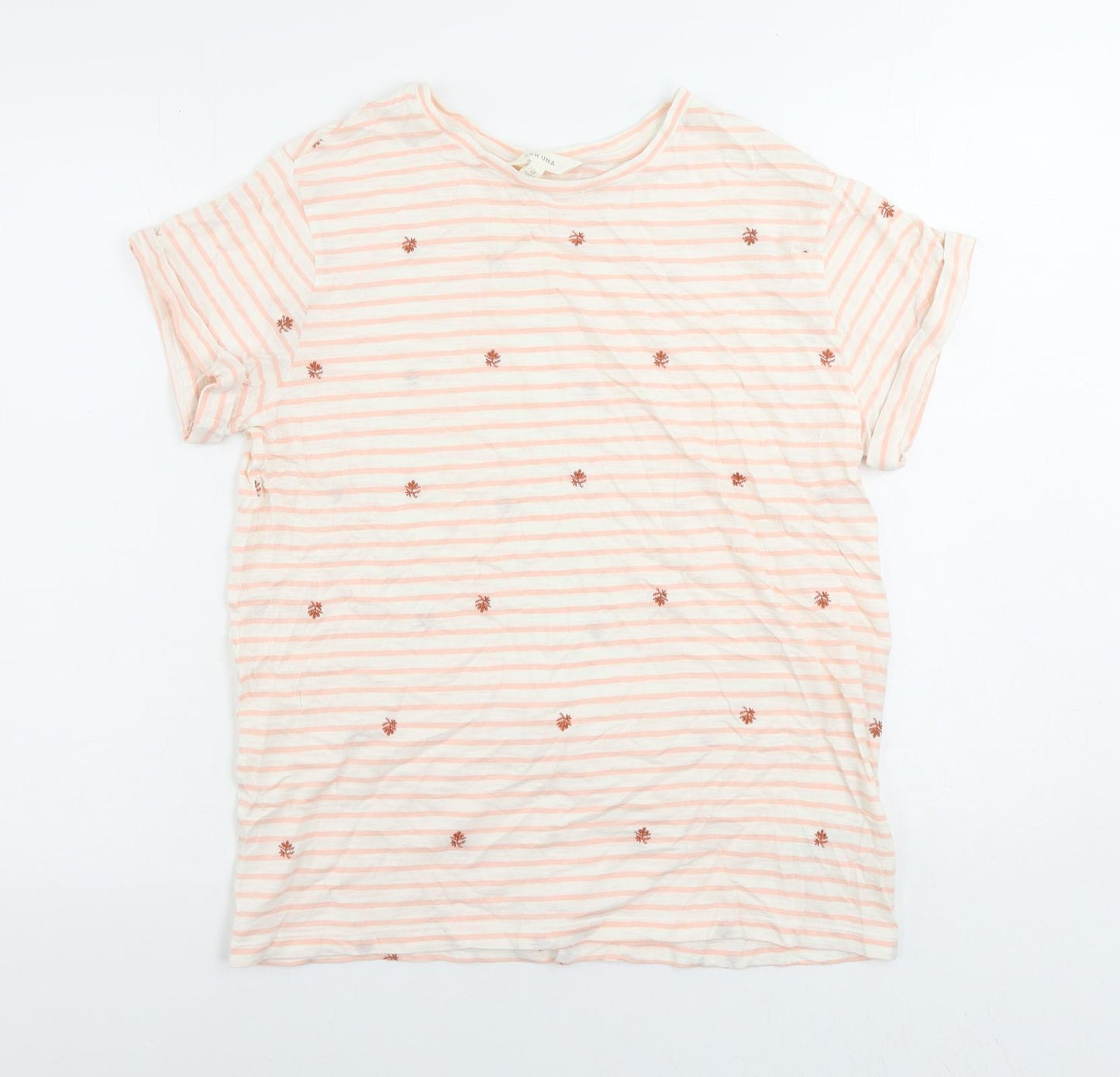 Per Una Womens Pink Striped Cotton Basic T-Shirt Size 12 Round Neck - Embroidered