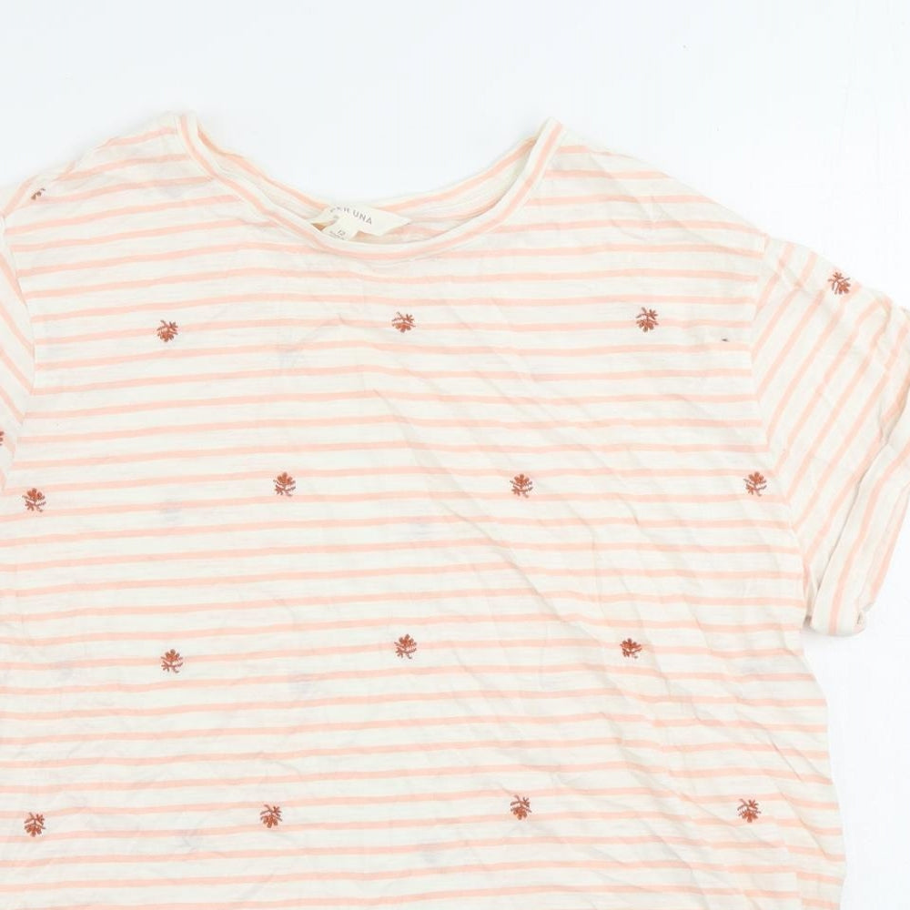 Per Una Womens Pink Striped Cotton Basic T-Shirt Size 12 Round Neck - Embroidered