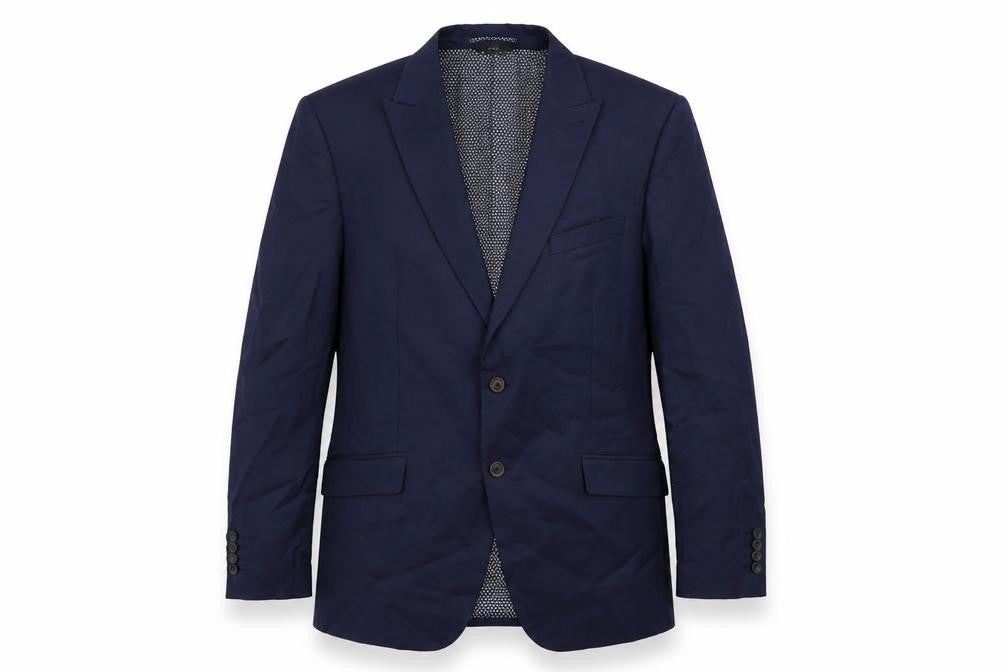 Front view of Marks & Spencer men’s blue polyester jacket suit jacket, size 44, regular