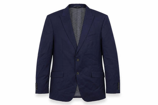 Front view of Marks & Spencer men’s blue polyester jacket suit jacket, size 44, regular
