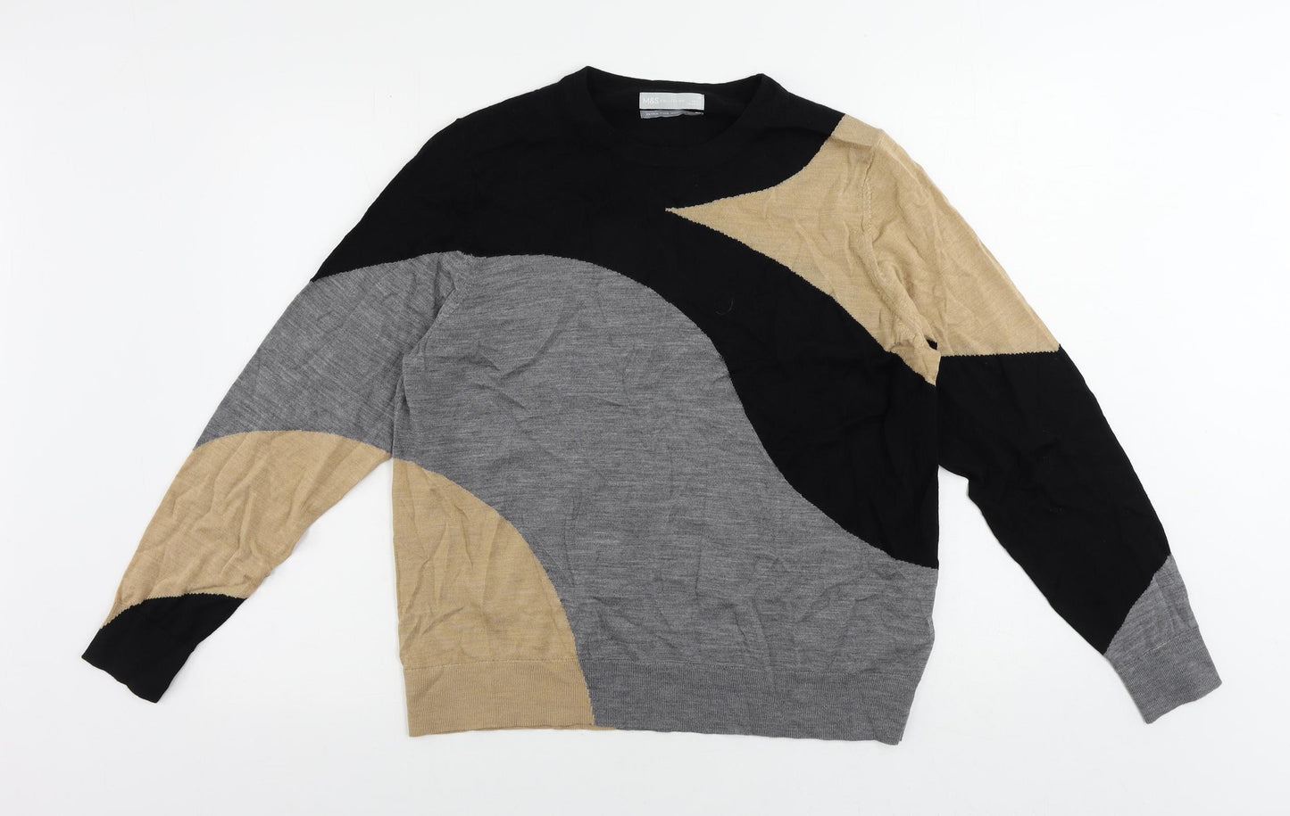 Marks and Spencer Womens Black Crew Neck Geometric Wool Pullover Jumper Size 18