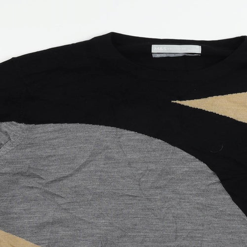Marks and Spencer Womens Black Crew Neck Geometric Wool Pullover Jumper Size 18