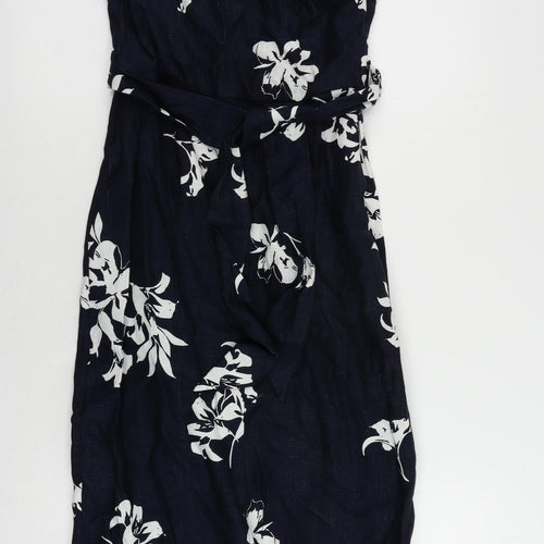 Autograph Womens Blue Floral Linen Sheath Size 6 Round Neck Zip