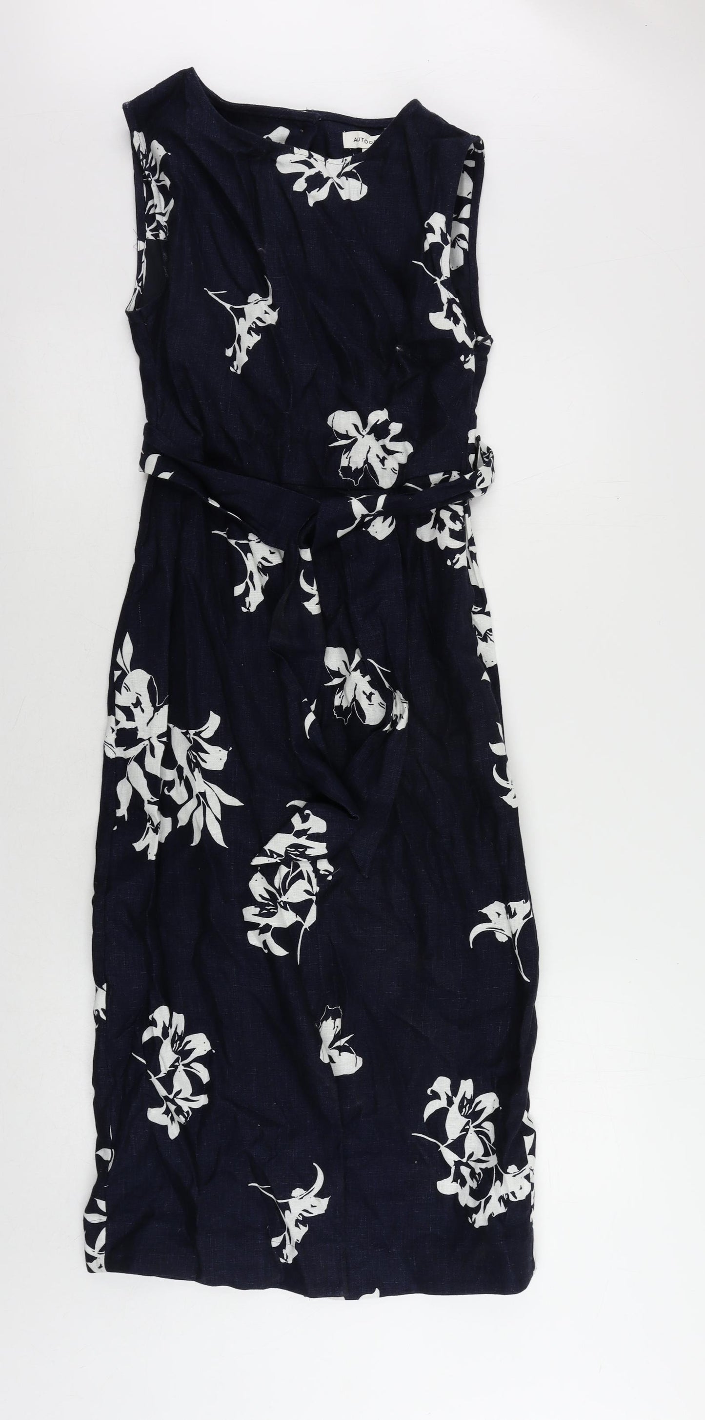 Autograph Womens Blue Floral Linen Sheath Size 6 Round Neck Zip
